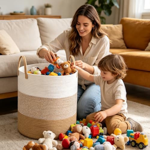 70L Woven Laundry Basket,Large Clothes Hamper with Handles- Yellow - Image 4