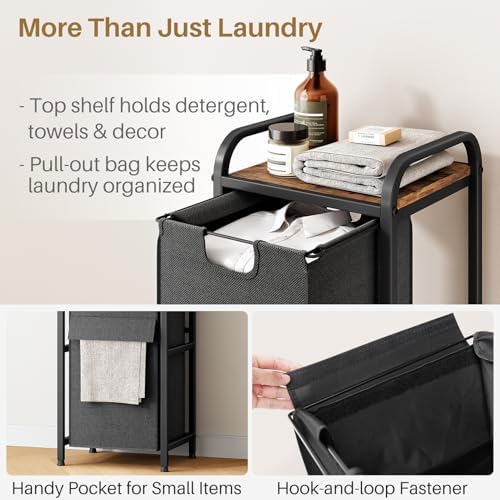 Kitstorack Laundry Hamper, Laundry Basket, Laundry Sorter with a Pull-Out and Removable Bag, Shelf, Metal Frame, 17 Gallons (62 L), Ink Black and Rustic Brown - Image 5