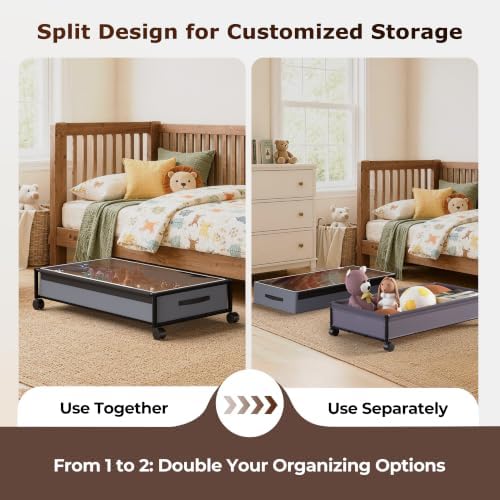 OMAIRA Under Bed Storage with Wheels, Underbed Shoe Storage Organizer with Clear Lids,& Rolling Drawers for Clothes, Shoes, Toys – Multi-Use Storage Bins and Drawers, 2-Pack Splittable into 4-Pack - Image 6