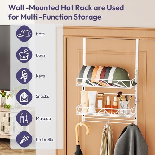 SWTYMIKI Over Door Hat Organizer - 3 Tier Wall Mounted Hat Rack with 2 Adjustable Metal Basket and 3 Hooks, Hanging Baseball Cap Organizer Storage Holds up to 29 Caps for Door, Bedroom, Closet - Image 3