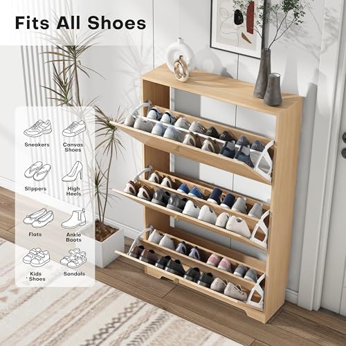 Nicetree Shoe Cabinet with 3 Flip Drawers, Entryway Storage, Natural Oak - Image 3