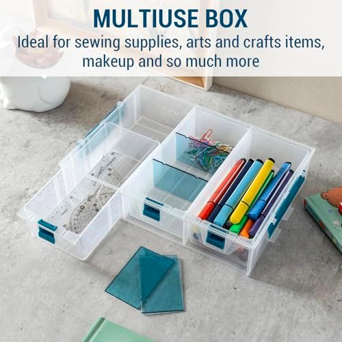MyGift Single Stackable Tray, Add-on for 11 Inch Clear Arts & Crafts Storage Box with Blue Accents, 9 Compartment Sewing Supplies Organizer 3 Drawers and Removable Dividers - Image 4