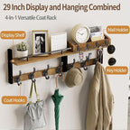 29 inch Coat Rack Wall Mount with Shelf, Entryway Wall Shelf with Hooks, Heavy Duty Coat Hanger Wall Mount with Key Holders and Mail Organizer for Living Room, Bedroom, Wooden Brown & Black - Image 4