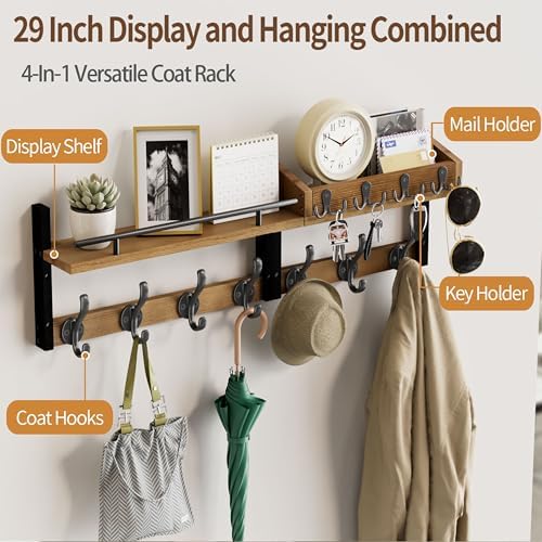 29 inch Coat Rack Wall Mount with Shelf, Entryway Wall Shelf with Hooks, Heavy Duty Coat Hanger Wall Mount with Key Holders and Mail Organizer for Living Room, Bedroom, Wooden Brown & Black - Image 4
