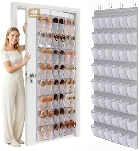 48 Pockets Over The Door Shoe Organizer, Large Mesh Hanging Shoe Rack, 6-Column Heavy Duty Shoe Storage for Sneakers and Heels, Behind Door Holder for Entryway Bedroom Dorm College, Gray by ORDOVIBE