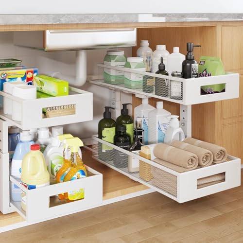 2 Packs 19IN Depth Under Sink Organizer, 2-Tier Pull Out Cabinet Organizer With Smooth Circular Rail, Large Capacity Metal Mesh Sliding Drawers For Bathroom& Kitchen Storage,Height Adjustable –White by UnderSinkOrganizer