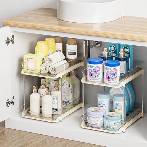 Delamu 2-Tier Multi-Purpose Bathroom Under Sink Organizers and Storage, Stackable Kitchen Pantry Organization, Pull Out Medicine Cabinet Organizer with Movable Dividers, Beige, 2 Pack by DELAMU