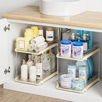 Delamu 2-Tier Multi-Purpose Bathroom Under Sink Organizers and Storage, Stackable Kitchen Pantry Organization, Pull Out Medicine Cabinet Organizer with Movable Dividers, Beige, 2 Pack by DELAMU