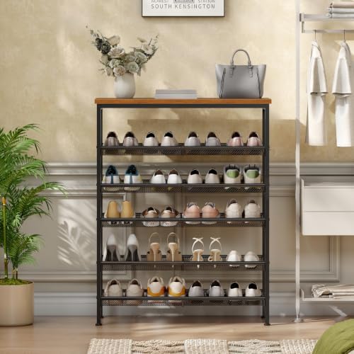 HOOBRO Shoe Rack for Entryway, 6-Tier Shoe Organizer with Adjustable Mesh Shelves, 18-24 Pairs of Shoes, Spacious Floor Mount, Metal, Industrial, Shoe Shelf for Closet, Rustic Brown BF60XJ01 - Image 2