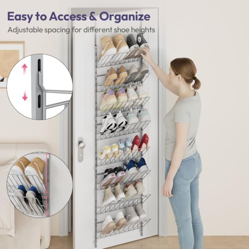 SWTYMIKI Over the Door Shoe Organizer - Adjustable 8 Tier Hanging Shoe Rack Organizer, Metal Heavy Duty Behind Door Storage or Wall Mount Shoes Shelf for Flats, Heels, Sneakers, Boots, Silver - Image 6
