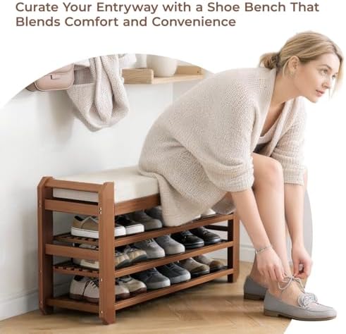 27.6" Entryway Shoe Rack Bench with Cushion, 3-Tier Storage Bench - Image 6