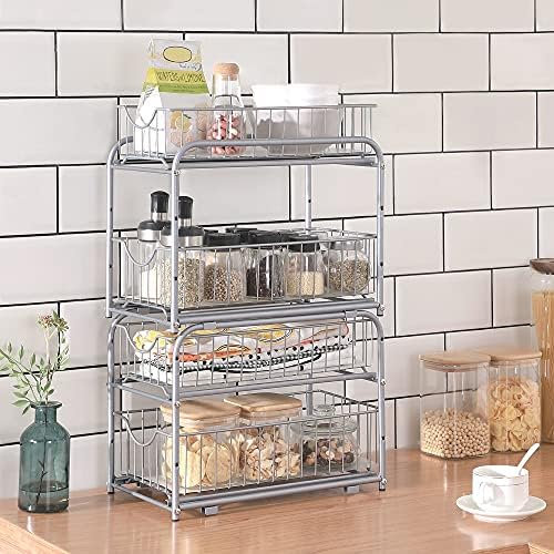 SONGMICS 2-Tier Pull Out Cabinet Organizers, Under Sink Organizer, Bathroom Organizer and Storage, Sliding Basket Drawers, Stackable for Kitchen, Bathroom, Metallic Silver UKCS017E01 - Image 6