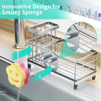 HapiRm Sponge Holder for Kitchen Sink - Self-draining Sink Caddy with Smiley Face and Brush Holder, Stainless Steel Kitchen Organizer for Countertop - Silver - Image 2