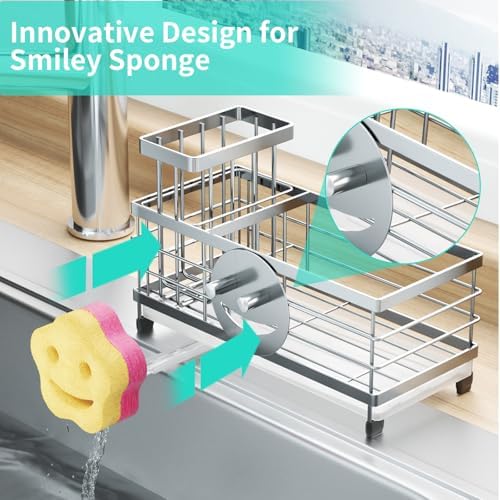 HapiRm Sponge Holder for Kitchen Sink - Self-draining Sink Caddy with Smiley Face and Brush Holder, Stainless Steel Kitchen Organizer for Countertop - Silver - Image 2