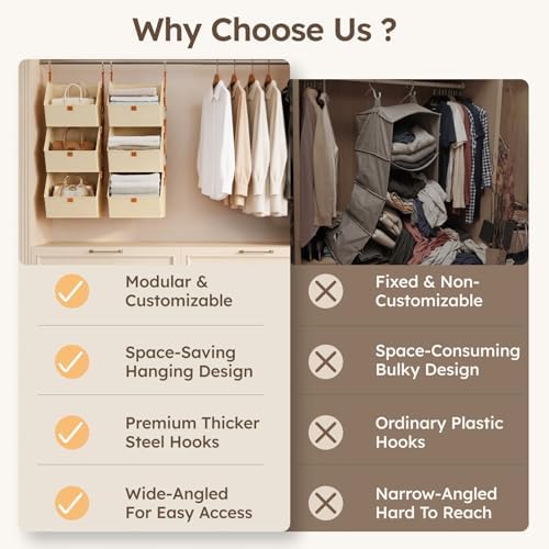 Homsorout Collapsible Hanging Closet Organizer - 3 Tier Closet Shelves Storage System with Hooks, Fabric Hanging Storage Bins for Clothes, Foldable Storage Basket for Laundry, Bedroom, Rv, Beige - Image 5