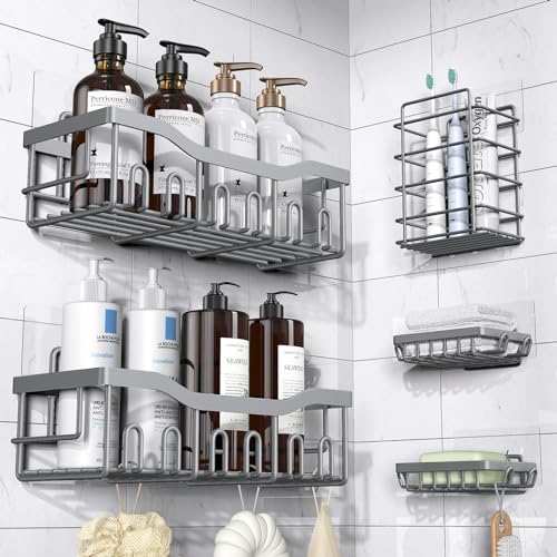 Shower Caddy 5 Pack,Adhesive Shower Organizer for Bathroom Storage&Home Decor&Kitchen,No Drilling,Large Capacity,Rustproof Stainless Steel Bathroom Organizer,Shower Shelves for Inside Shower-Larger by EUDELE