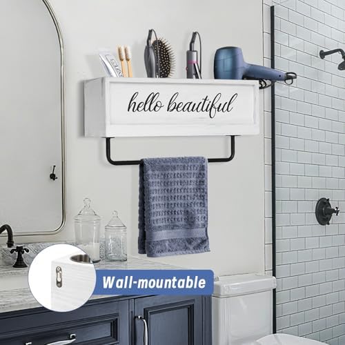 Hair Dryer Holder Wall Mounted, Hair Tools and Styling Organizer with Towel Bar, Farmhouse Beauty Hair Appliance Holder for Flat Iron, Curling Wand, Towel Rack (White) - Image 4