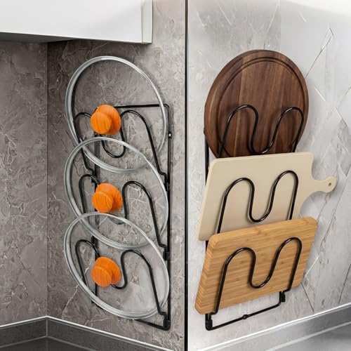 2 Pack Pot Lid Organizer Rack for Cabinet Door/Wall, 6-Tier Pot Lid Holders inside Cabinet Door, No Drilling Adhesive Wall/Door Mounted Rustproof Pots and Pans Lid Organizers for Kitchen Storage Black - Image 2