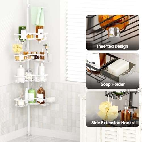 Corner Shower Caddy Tension Pole, 4 Tier Rustproof Shower Tension Rod Organizer with Soap Holder & Hooks, Adjustable 30-121 Inch Bathroom Shelf for Renters - Family Stand Storage Rack, White - Image 7