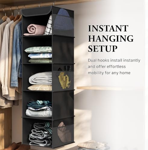 Simple Houseware 5 Shelf Hanging Closet Organizer, Black | 360° Rotating Dual Hooks, Top Support Metal Frame, 6 Side Mesh Pockets - Image 6