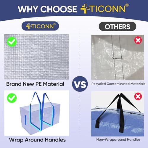 TICONN 4 Pack Extra Large Moving Bags Heavy Duty with Zippers & Carrying Handles, Durable Storage Bags Moving Boxes for Closet Organizers and Storage (4 Pack, Blue) - Image 6