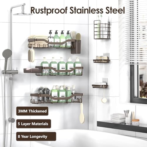 NESOMI Shower Caddy Adhesive Shower Organizer 8-Pack, Rustproof Stainless Steel Bathroom Shelves, Large Capacity No-Drill Rack Storage Accessories with Soap Dish Toothbrush Holder Hooks - Image 5
