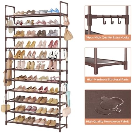 LANTEFUL 11 Tiers Tall Shoe Rack Holds 55 Pairs of Shoes with 18pcs Hooks Sturdy Wide Shoe Organizer Storage Free Standing Metal Shoe Shelf for Closet, Entryway Brown - Image 4