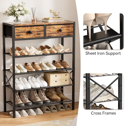 5 Tier Shoe Rack with 2 Drawers, 16-20 Pairs Rustic Brown - Image 6