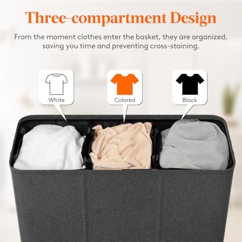 Lifewit Triple Laundry Hamper with Lid, Removable Laundry Bags, Dark Gray - Image 4