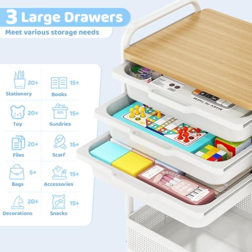 Metal Rolling Storage Cart with 3 Drawers - Utility Cart on Wheels with Pegboard & Wood Tabletop, Multifunctional Trolley Organizer with Hooks & Bin for Living Room,Bedroom,Craft Room,Office,Kids Room - Image 3