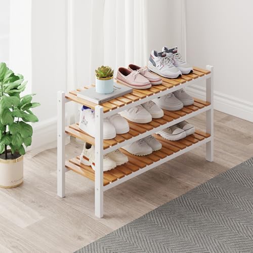 Bamboo Shoe Rack Organizer for Closet and Entryway-Space-Saving Narrow Shoe Stand-Versatile Shoe Holder for Door or Closet Shelf,Garage Bedroom can Freely Stack DIY Small Shoe Racks 3 Tier Mixed color by ZHUTIANXIA