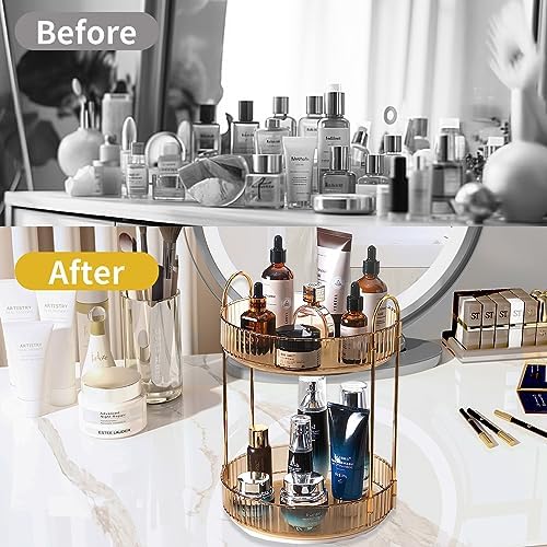 Asayuee 360 Rotating Gold Makeup Organizer,2 Tier Large Capacity Rotating Makeup Organizer,SkincarePerfume Organizer,Bathroom Cosmetics Storage Organizer Countertop (Gold-2 Tier) - Image 5