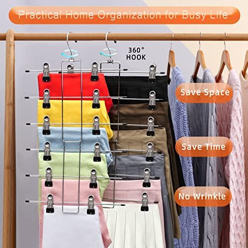 4 Pack Pants-Hangers-Space-Saving, 6 Tier-Closet-Organizers-and-Storage | Skirt Hooks with Clips, Closet-Organizer-Clothes-Organization Jeans Scarf Holder,College-Dorm-Room-Essentials Decor - Image 4