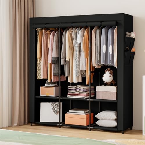 SORCEDAS Portable Closet Wardrobe with Hanging Rods Shelves Clothes Storage - Image 2