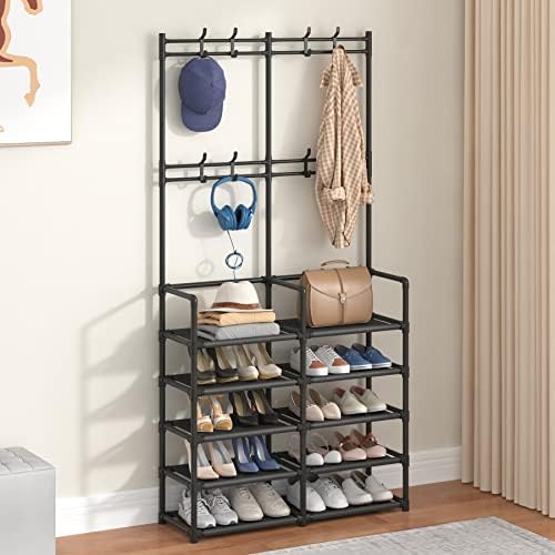 Laiensia 5-Tier Entryway Coat Rack, Coat and Shoe Rack, Entryway Bench Storage Organizer with 8 Hooks for Bedroom, Hallway, Office, Black - Image 4