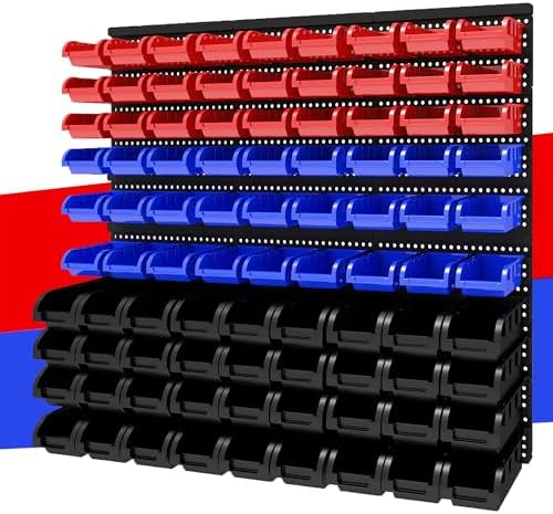 90Pcs Wall Mounted Storage Organizer Bins with Rack, Nuts, Bolts, and Hardware for Screws, Nails, Beads,Small Parts (Red, Blue, Black) - Shop,Garage Tool Storage Solution by Unknown