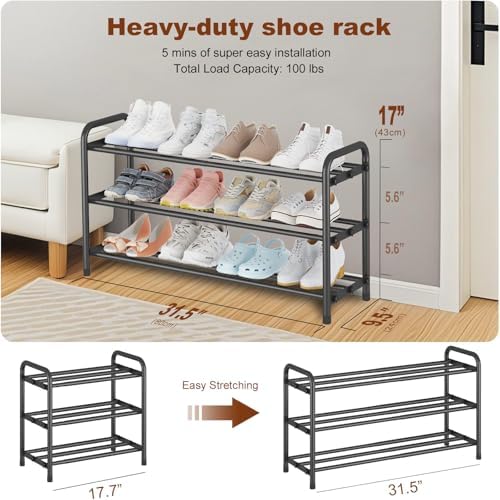 Expandable 3-Tier Shoe Rack for Closet & Entryway, Metal Shoe Organizer - Image 3