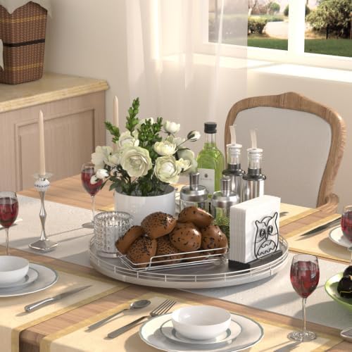 Oroyutor 16-Inch Oak Lazy Susan Organizer with Silver Iron Rail - Image 2