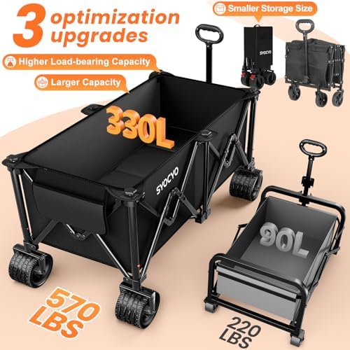 Beach Wagon Carts Foldable 570LBS Collapsible Wagon with Big All-Terrain Wheels for Sand 330L Heavy Duty Utility Carts with Cup Holders for Garden, Camping, Grocery, Black - Image 2