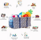Extra Large Utility Tote Bag - Oversized Collapsible Reusable Wire Frame Rectangular Canvas Basket With Two Exterior Pockets For Beach, Pool, Laundry, Car Trunk, Storage - Geo Navy Blue - Image 3