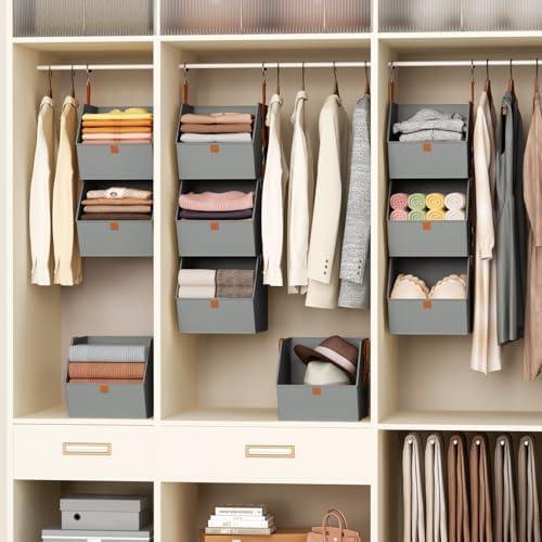 Homsorout Collapsible Hanging Closet Organizer - 3 Tier Closet Shelves Storage System with Hooks, Fabric Hanging Storage Bins for Clothes, Foldable Storage Basket for Laundry, Bedroom, Rv, Grey - Image 5