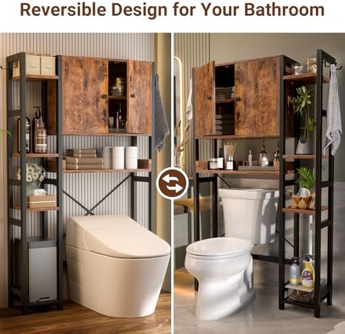 Over The Toilet Storage Cabinet with Doors - 7 Tier Bathroom Organizer with Adjustable Shelf, Freestanding Space Saver Rack Above Toilet Stand with 4 Hooks for Bathroom, Restroom, Laundry, Rustic - Image 5