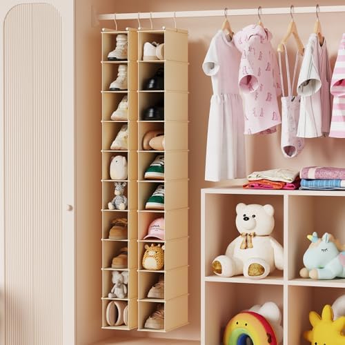 MAX Houser 2 Pack 10 Tier Slim Hanging Shoe Organizer Beige | Foldable Hanging Shoe Storage Shelf with 2 Metal Hooks, Space Saving Storage for Narrow Space - Image 4