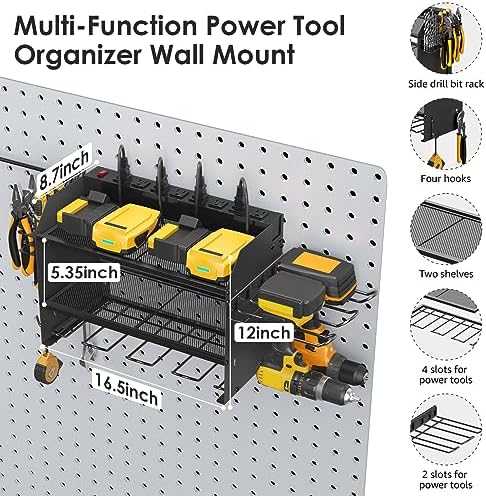 CCCEI Modular Power Tool Organizer Wall Mount Charging Station, Black 6 Drills Holder with 8 Plug Power Strip, Garage Drill Battery Heavy Duty Metal Shelf, Utility Rack with Hooks, Side Storage. - Image 5