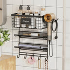 Magheo Hair Dryer Holder Wall Mounted, Adheisve Hair Styling Tool Organizer for hair Brush/Appliance Wall Mount with 4 Tier Shelf Basket Hooks Blow Dryer and Straightener Holder for Bathroom(Black) by MAGHEO