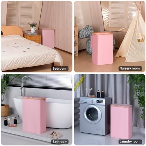 100L Laundry Hamper with Lid, Lagre Basket with Bamboo Handles,Foldable Clothes Hamper Tall Dirty Laundry Basket for Clothes Toys Towels Organizing,Pink - Image 3