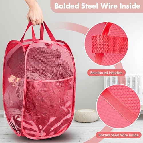 Pop Up Laundry Hamper, 70 L Collapsible Mesh Basket with Side Pocket, Red - Image 3