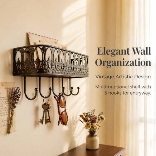 Vintage Key Holder Shelf Wall Mount Metal Mail Rack with 5 Hooks, Black - Image 6