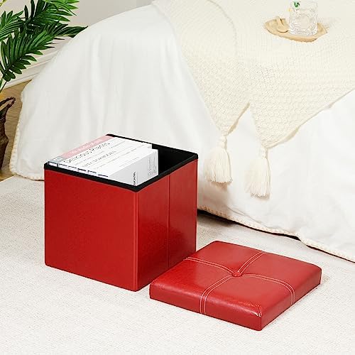 B FSOBEIIALEO Storage Ottoman Cube, 11.8" Faux Leather Footrest Chest, Red - Image 2