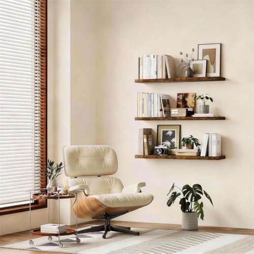 BAYKA Rustic Brown Floating Shelves 22.5in, 3 Pack, Wall Mount Wood Shelf - Image 2